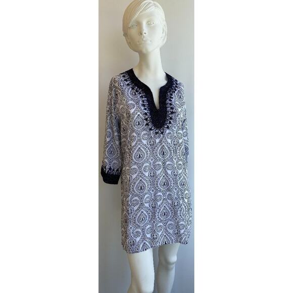 Roller Rabbit Cover-Up Tunic Dress Navy Gold Embroidery Print Blue sz M - Picture 5 of 10